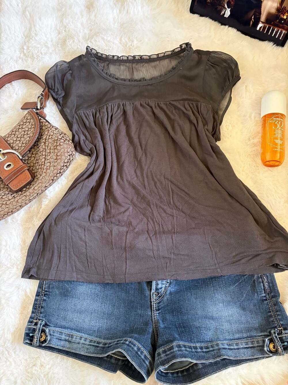 Y2K XXI Blouse Size M Brown Cap Sleeve Babydoll